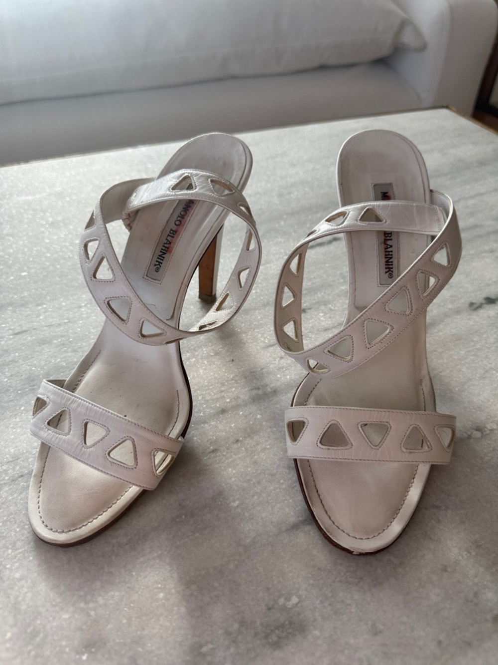 Manolo Blahnik Ivory Cutout Strappy Heeled Sandals